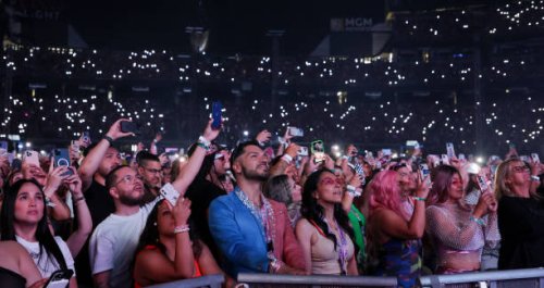 Fans watch a video onstage at the beginning of Karol G's first show of her Mañana Será Bonito tour at Allegiant Stadium on August 10, 2023 in Las...
