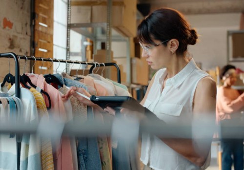fashion designer, tablet and woman with clothes for stock check, inventory or planning in creative startup. technology, tailor and person at rack in boutique for textile, serious or small business - fashion stock pictures, ro