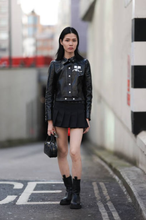 Fashion Show Guest was seen wearing black boots, a short black skirt, a black Miu Miu bag and a courreges black jacket before the Stefan Cooke...