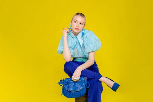 fashionable woman dresses in blue - fashion stock pictures, royalty-free photos & images