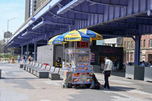 fast food kiosk under the fdr drive at the south street viaduct in manhattan, new york city. - junk food stock pictures, royalty-free photos & images
