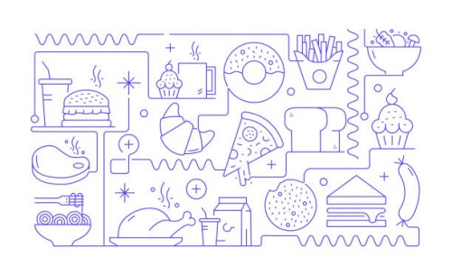 fast food related line banner design. pizza, hot dog, donut, street food, taco. - junk food stock illustrations