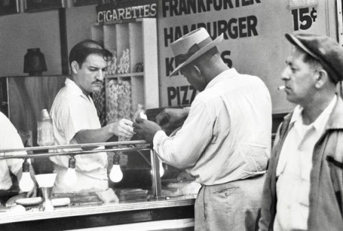 Fast Food Restaurant sidewalk Counter, New York City, New York, USA, Angelo Rizzuto, Anthony Angel Collection, August 1953.