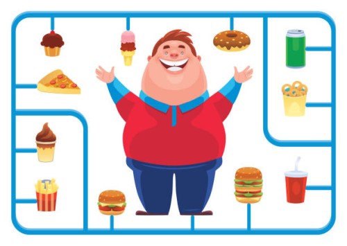 fat man with junk food model kit - junk food stock illustrations