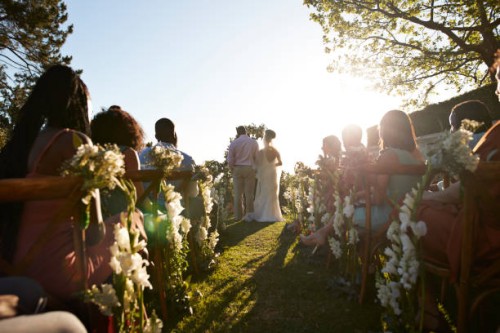 father and bride standing at wedding altar near guests - garden decoration stock pictures, royalty-free photos & images