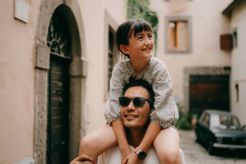 father and young daughter having fun in viterbo, italy - travel stock pictures, royalty-free photos & images