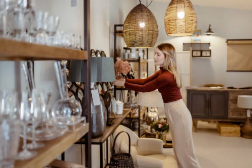 female choosing home accessories - home decoration stock pictures, royalty-free photos & images