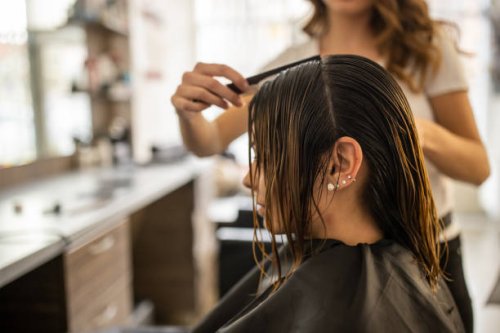 female hairdresser, cutting her female client hair, at hair salon - hairstyle stock pictures, royalty-free photos & images