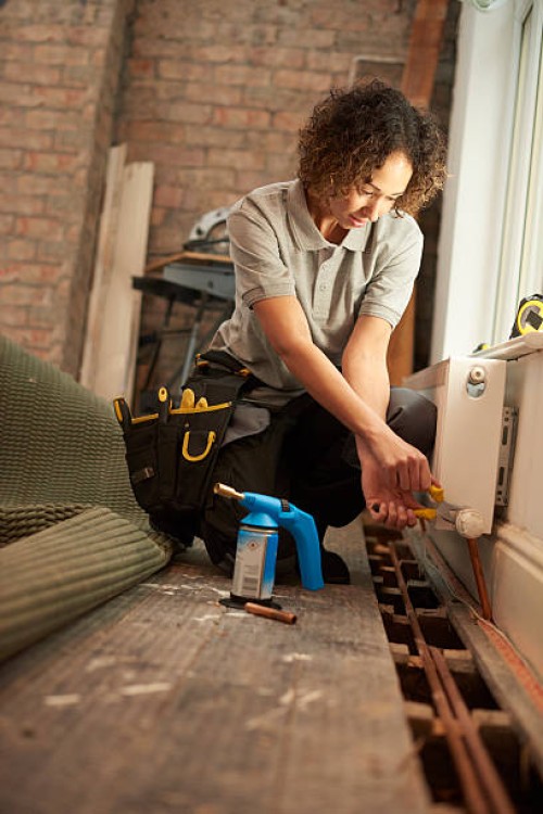 female plumber radiator installation - home decoration stockfoto's en -beelden