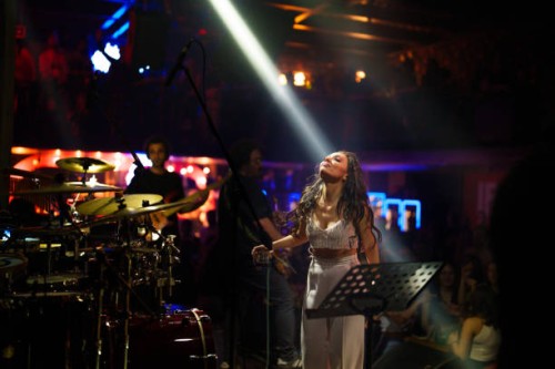 female singer on stage with spotlight - concert stock pictures, royalty-free photos & images