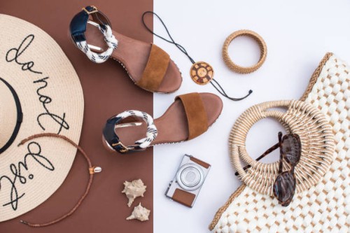 female summer personal accessories in white and brown colors - fashion stock pictures, royalty-free photos & images