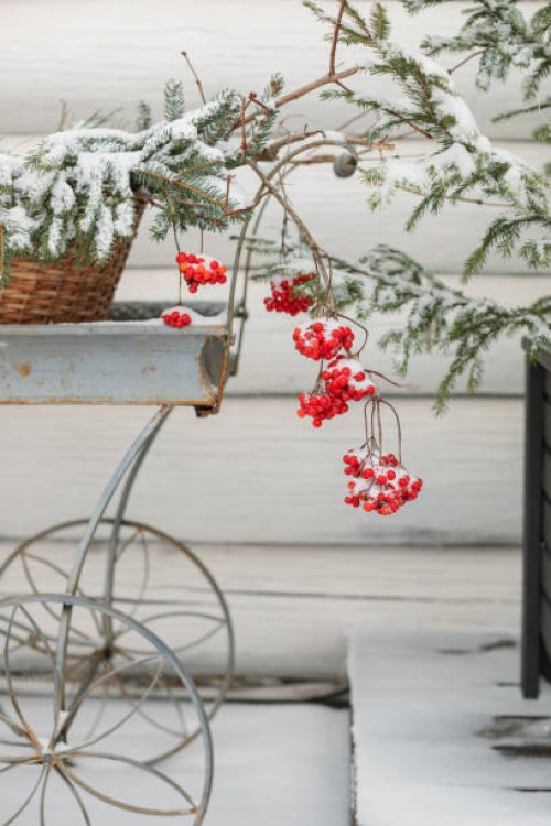 festive christmas decorations in the courtyard of the house on a snowy winter day - garden decoration stock pictures, royalty-free photos & images