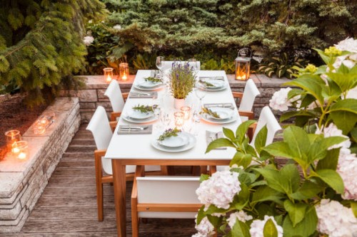 festive laid table on terrace - garden decoration stock pictures, royalty-free photos & images