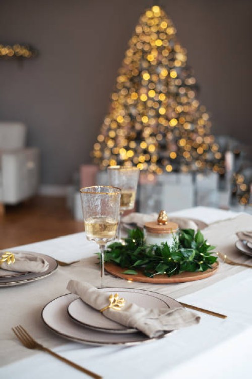 festive new year's table. new year. christmas. festive table. a glass of champagne. feast. food and drinks. buffet. - home decoration stock pictures, royalty-free photos & images