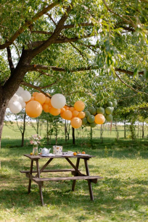 festive table and decoration in nature - garden decoration stock-fotos und bilder