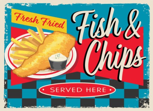 fish and chips retro vintage diner sign design concept - junk food stock illustrations