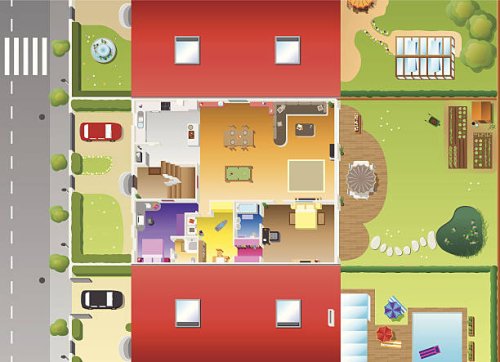 flat design - house plan and furnitures - garden decoration stock illustrations