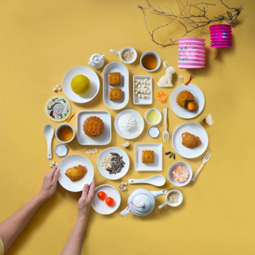 flat lay mid-autumn festival food and drink still life. - food stock pictures, royalty-free photos & images
