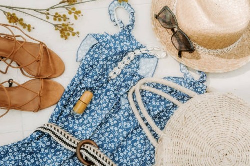 flat lay shot of female holiday clothing and accessories for summer fashion - fashion stock pictures, royalty-free photos & images