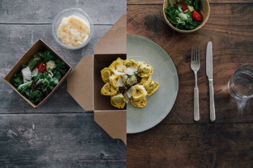 flat lay shot of pasta - half in takeaway box, half on plate - junk food stock pictures, royalty-free photos & images