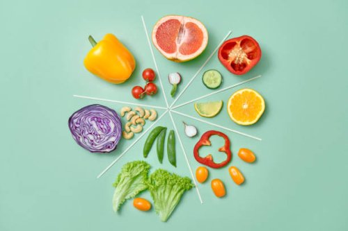 flay lay sliced vegan food making circular pie chart. - food stock pictures, royalty-free photos & images