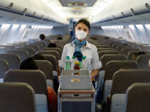 flight attendant serving drinks in an airplane wearing a facemask - food stock pictures, royalty-free photos & images