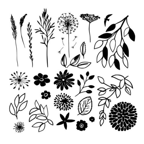 floral and botanical line art set in black, featuring various leaves, flowers, and plant elements, vector illustration - garden decoration stock illustrations