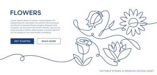 floral elements illustration. continuous line art of various flowers and leaves - garden decoration stock illustrations