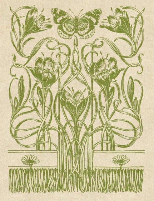 floral ornament with lilies and butterfly decorative art nouveau 1897 - garden decoration stock illustrations