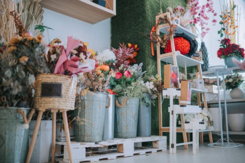 flower shop interior with rack , shelf, vases and flowers display - home decoration stock pictures, royalty-free photos & images