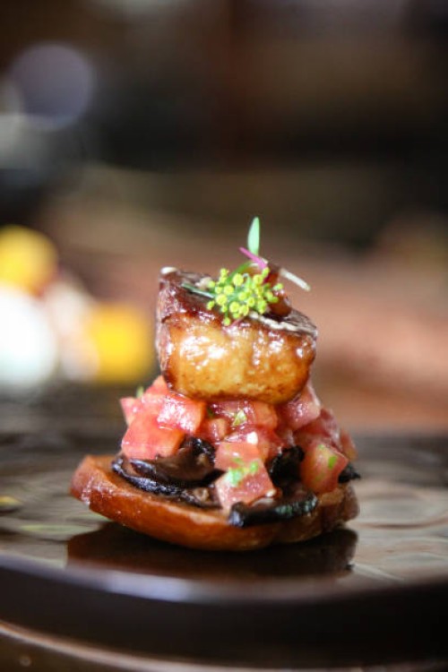 foie gras teriyaki bruschetta - food stock pictures, royalty-free photos & images