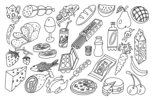 food and drink doodles, black and white culinary illustrations - food stock illustrations