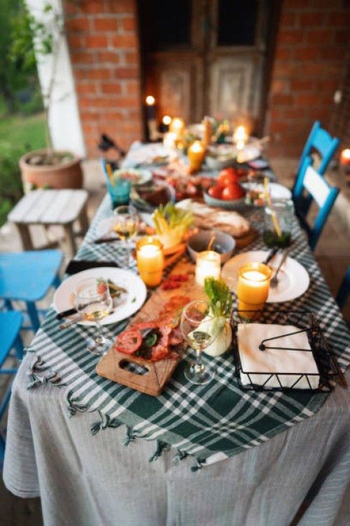food and drinks on the dining table, at the front or back yard, during summer party - garden decoration stock pictures, royalty-free photos & images