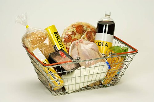 food in a shopping basket - junk food stock pictures, royalty-free photos & images