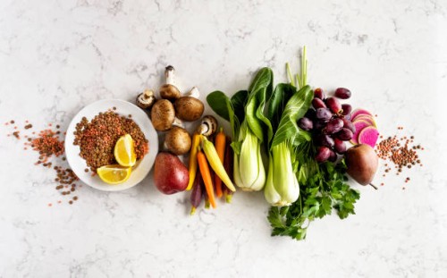 food ingredients on white, marble background - food stock pictures, royalty-free photos & images