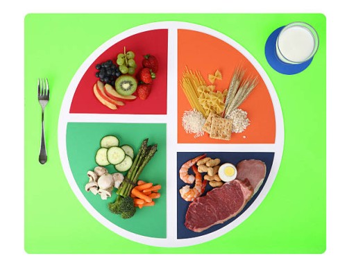 food plate nutrition chart split into four wedges - food stock pictures, royalty-free photos & images