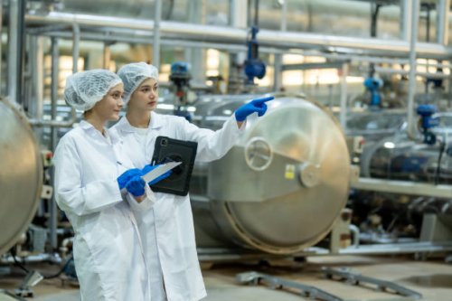 food scientist, nutritionist or quality control officer wear a hair net and sterile clothing. check the quality of beverage products in the production line - food stock pictures, royalty-free photos & images