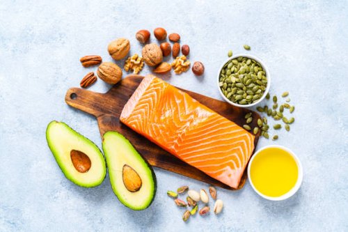 food with high content of healthy fats. overhead view. - food stock pictures, royalty-free photos & images