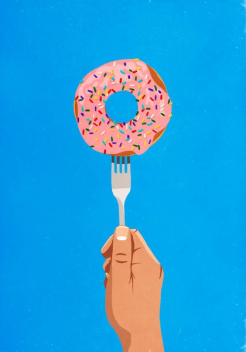 fork piercing donut with sprinkles - junk food stock illustrations