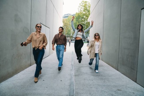 four friends are having fun together outdoor - fashion stock pictures, royalty-free photos & images