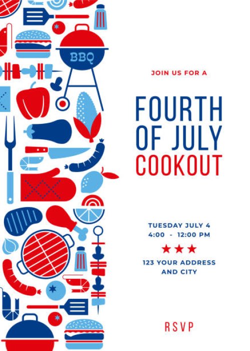 fourth of july bbq party invitation template. - food stock illustrations