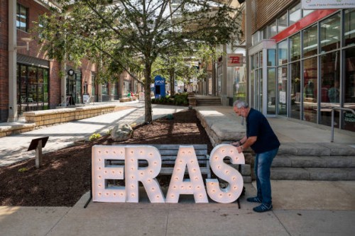 Foxborough, MA Joe Ackil, owner of Alpha-Lit, installs lighting for the Eras Taylor Swift tour in Patriot Place shopping mall.
