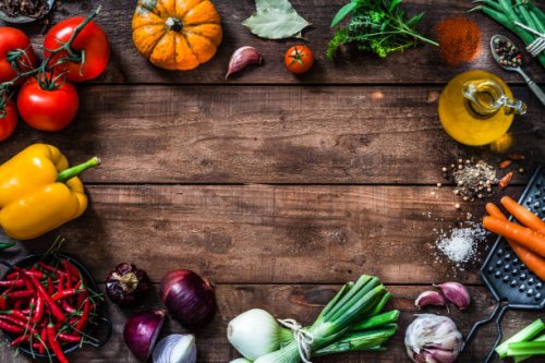frame of assorted fresh vegetables on rustic wooden table - food stock pictures, royalty-free photos & images