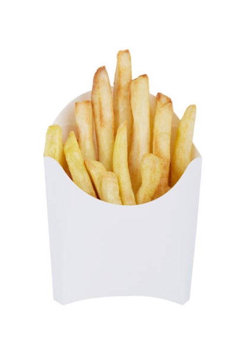 french fries in a white disposable box, isolated on white background - junk food stock pictures, royalty-free photos & images