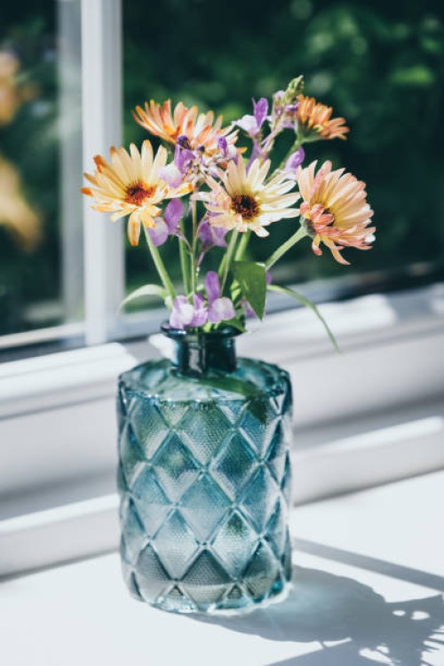 fresh cut flowers from garden in clear glass vase - garden decoration stockfoto's en -beelden