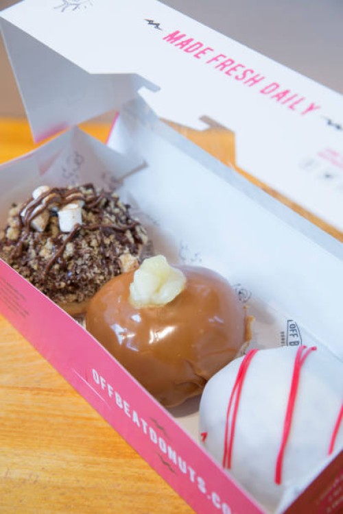Fresh Doughnuts baked daily at Offbeat Donut Co at Pearse Street Station on 3rd April 2017 in Dublin, Republic of Ireland. Dublin is the largest city...