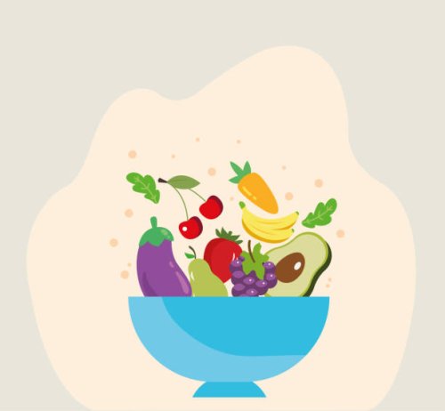 fresh summer fruits and vegetables of greens, berries and vegetables sprinkled in a deep plate. . vector realistic illustration isolated on white and pink background. illustration of ripe vegetables and sweet fruits on a blue