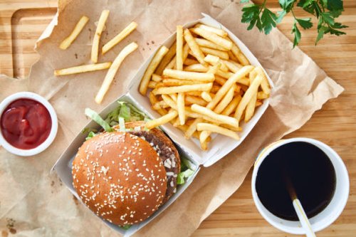 fresh tasty hamburger with french fries - junk food stock pictures, royalty-free photos & images