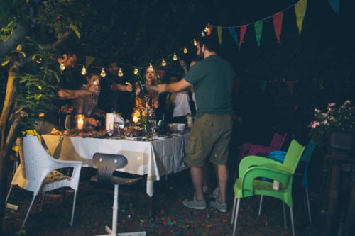 friends at birthday party - garden decoration stock pictures, royalty-free photos & images