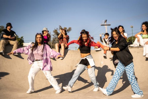 friends dancing and having fun during street party at skateboard park - fashion stock pictures, royalty-free photos & images